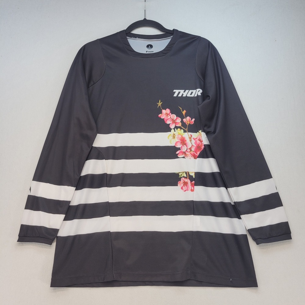 Thor Motocross Jersey Mens Large Black Striped Floral Cherry Blossom Long Sleeve